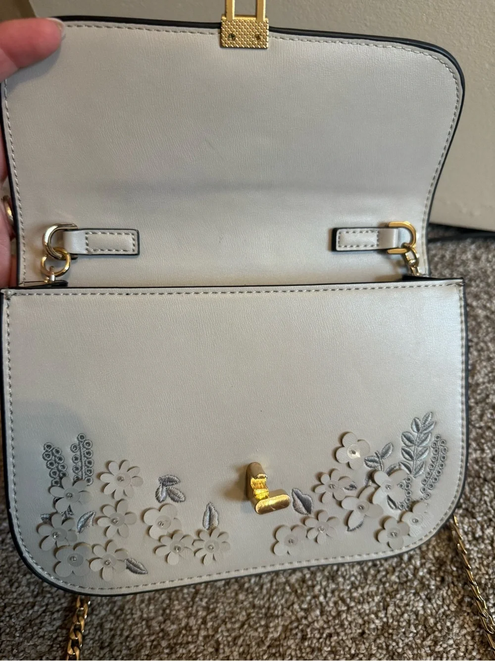 Light Grey Floral/Beaded Appliqué Crossbody Bag with Gold Chain
